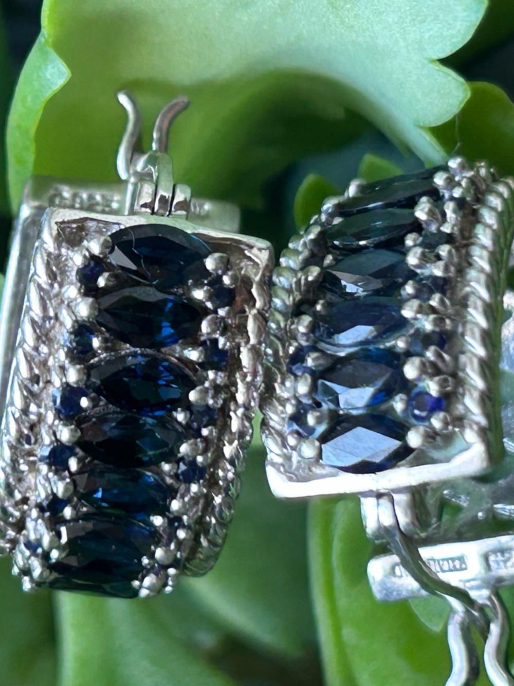 Vintage sterling silver blue sapphire gemstone wide huggie hoop earrings
